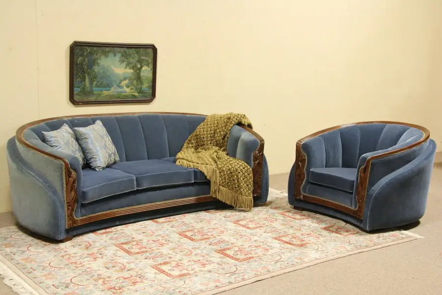 Photo of Art Deco 1935 Sofa & Club Chair Set, New Genuine Mohair Upholstery