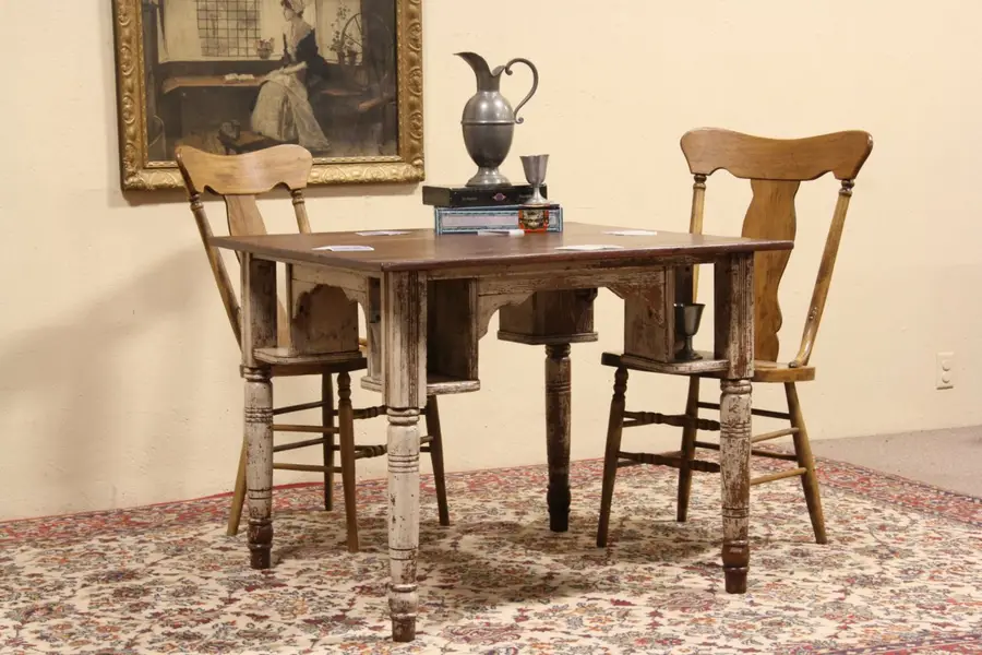 Photo of Oak 1890 Antique Tavern or Pub Game Table, Old Paint & Mug Shelves