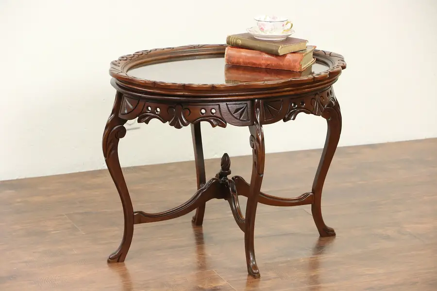Photo of Carved 1920's Antique Coffee Table, Marquetry & Lift Off Serving Tray