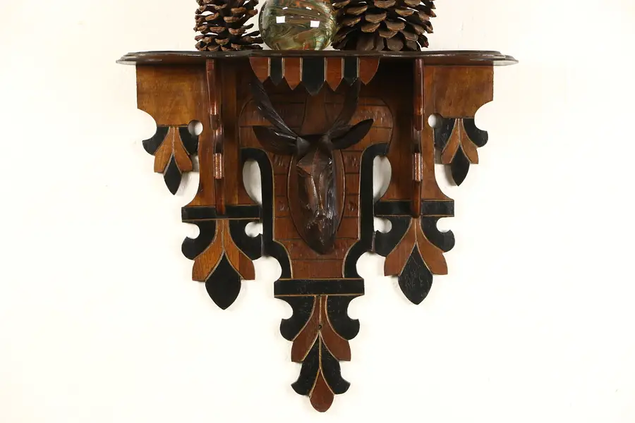 Photo of Victorian 1870's Antique Wall or Clock Shelf, Hand Carved Stag Head
