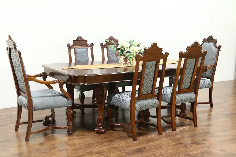 Photo of Renaissance Antique Dining Set, Table, 6 Chairs New Fabric Signed Johnson