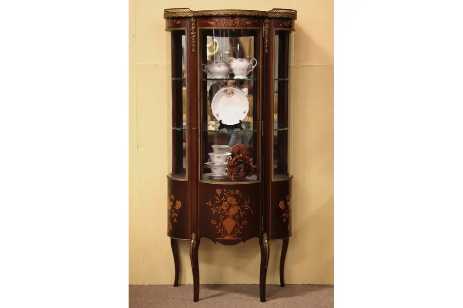 Photo of French Curved Glass Curio Cabinet, Marquetry