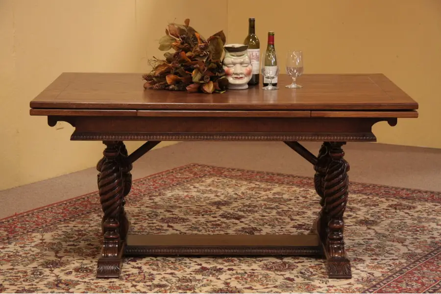Photo of Tudor Oak Dining or Library Table with 2 Draw Leaves