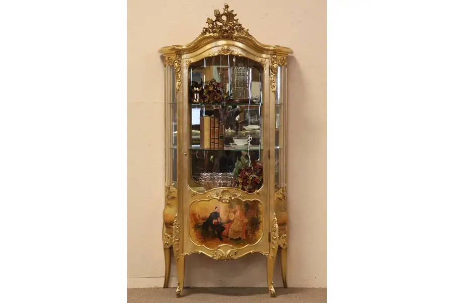 Photo of Gold Curved Glass Curio Cabinet or Vitrine