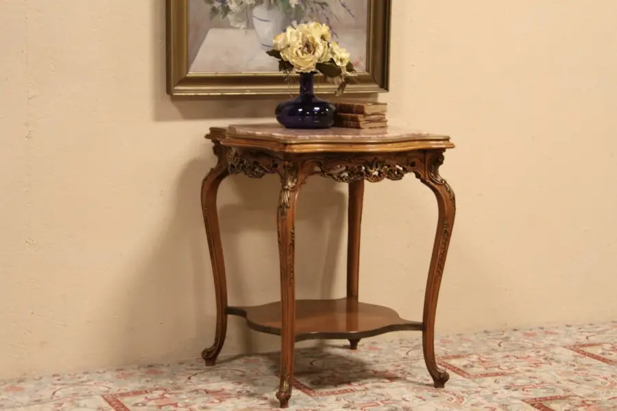 Photo of Carved 1930's Lamp or Center Table, Rose Marble