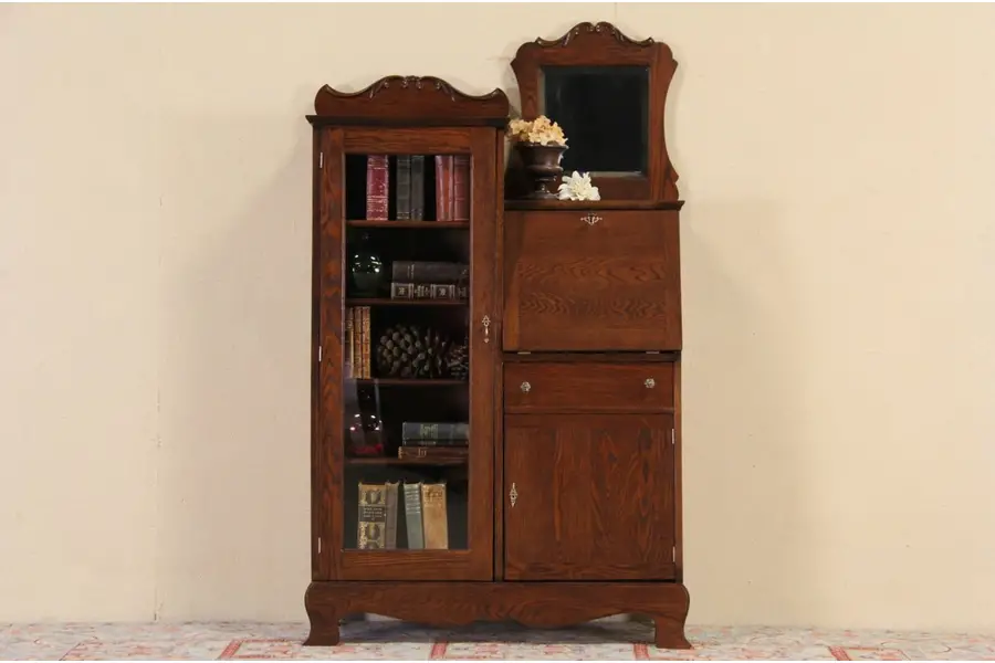 Photo of Oak 1910 Antique Side by Side Secretary Desk & Bookcase