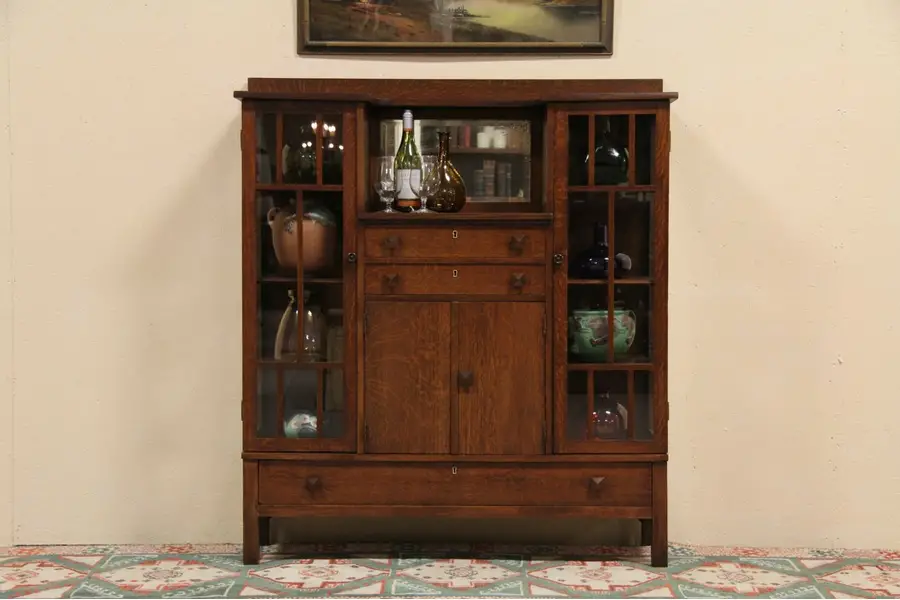 Photo of Arts & Crafts Mission Oak China or Curio Sideboard Cabinet