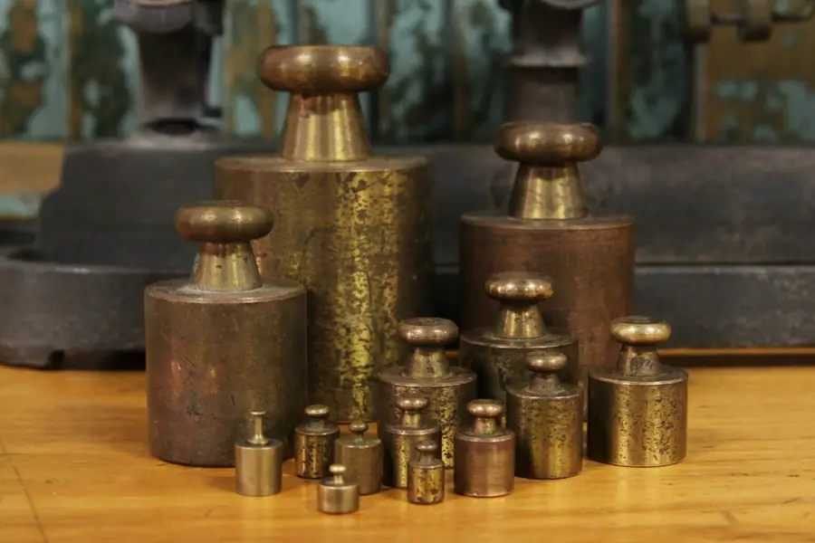 Photo of Set of Antique 1900 Brass Scale Weights, Tray
