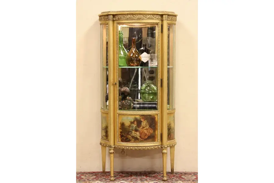 Photo of Curved Glass Gold Leaf French Vitrine or Curio Display Cabinet