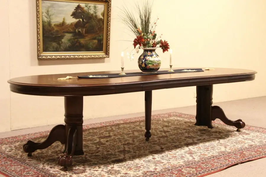 Photo of Round Oak 1900 Antique Carved Clawfoot Pedestal Dining Table, Extends 10'