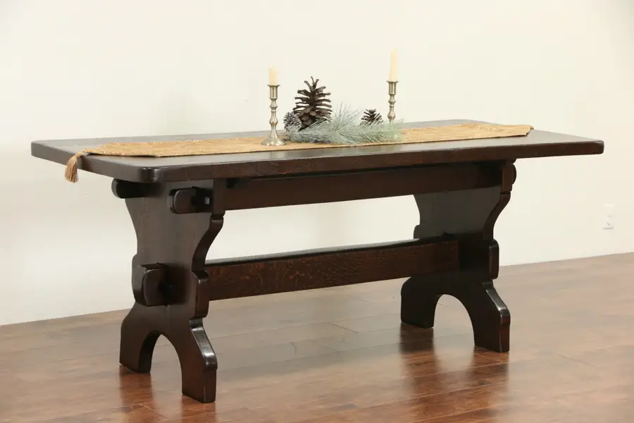 Photo of Oak Trestle Base Hand Hewn 1900 Antique Rustic Dining Table