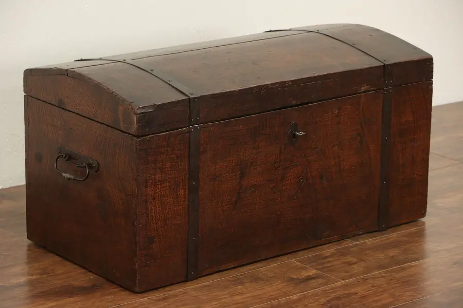 Photo of Pine 1850's Antique Immigrant Trunk Blanket Chest, Original Lock