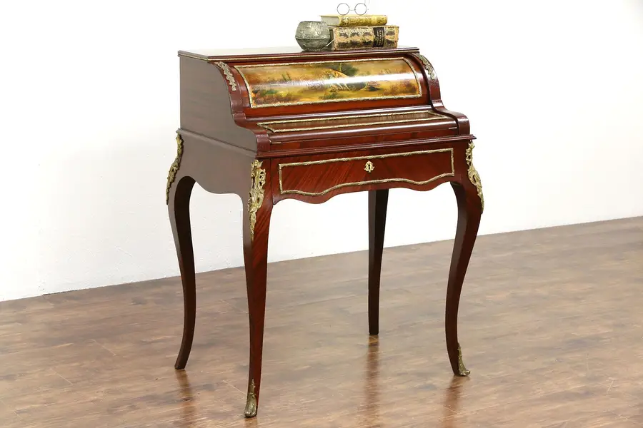 Photo of French Antique 1920 Secretary Writing Desk, Hand Painted Roll Top