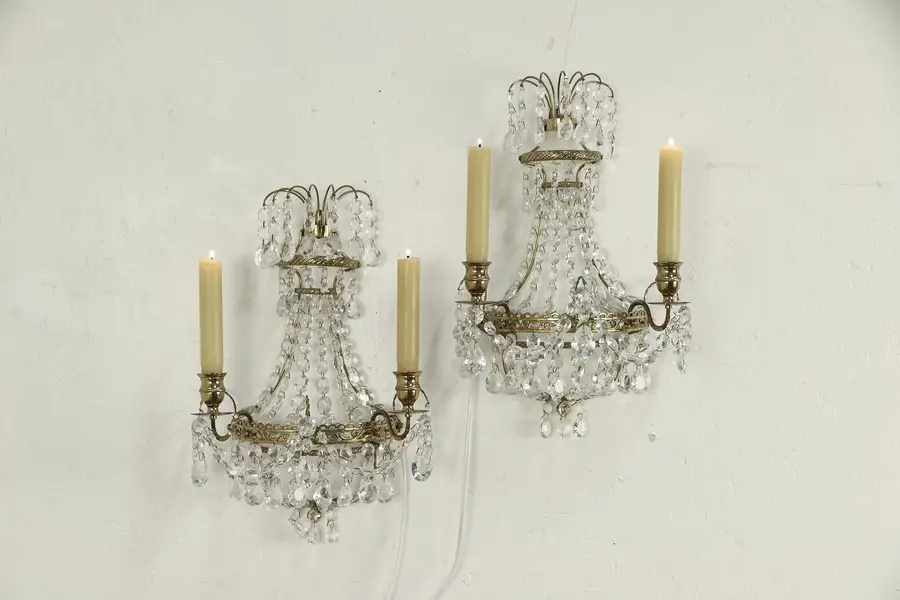 Photo of Pair of French Brass Vintage Wall Sconce Lights, Crystal Prisms