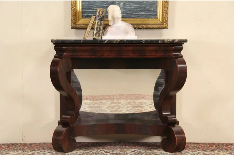 Photo of Empire 1840 Antique Marble Top Petticoat Table, Hall Console or Server