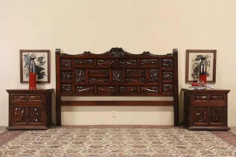 Photo of Spanish Colonial Carved Pine King Size Bedroom Set, Headboard & 2 Nightstands