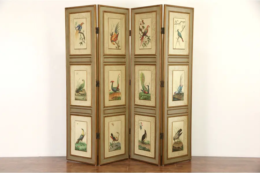 Photo of Peacock & Birds 4 Panel 1930's Vintage Hand Painted Screen