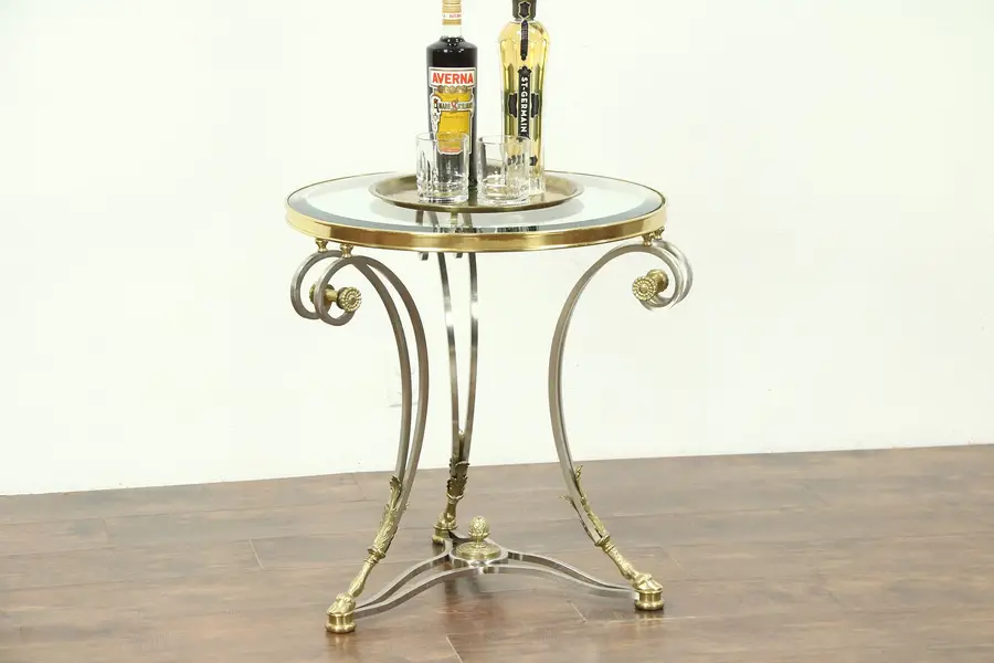 Photo of Brass & Nickel Beveled Glass Contemporary Lamp Table, Horse Hoof Feet