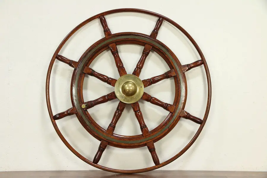 Photo of Dutch 1900's Antique Salvage Mahogany & Brass 52" Ship Wheel or Helm