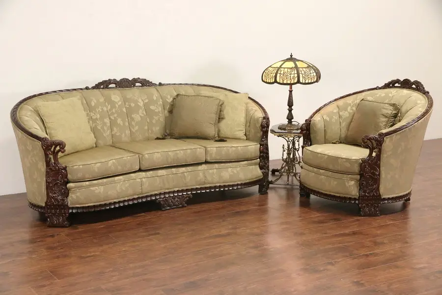 Photo of Carved Sofa & Club Chair Set, 1930's Vintage, Recent Upholstery