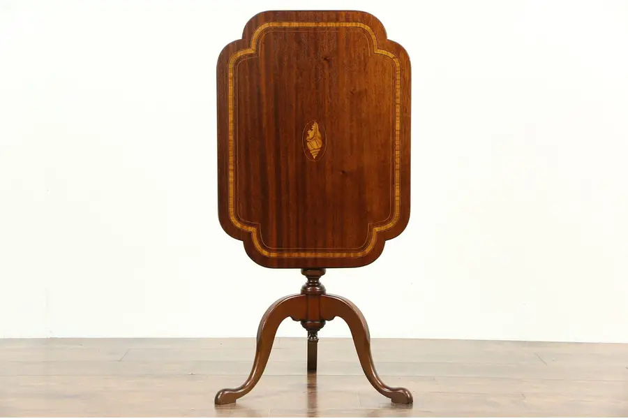 Photo of Georgian Design Tilt Top 1910 Antique Tea or End Table, Shell Marquetry Inlay