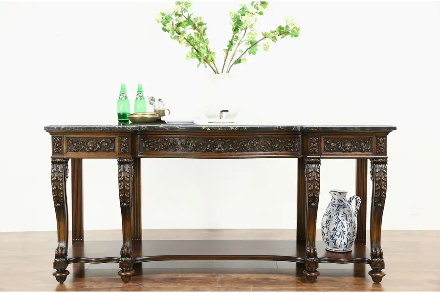 Photo of Renaissance Carved 7' Antique Sideboard, Server or Console, Black Marble Top