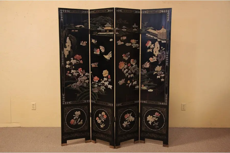 Photo of Chinese Jade & Hardstone Painted Lacquer Screen