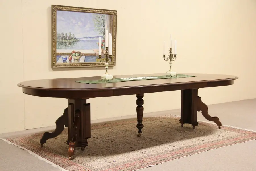 Photo of Victorian 1880 Antique Round 54" Walnut Dining Table, Extends 10' 4"