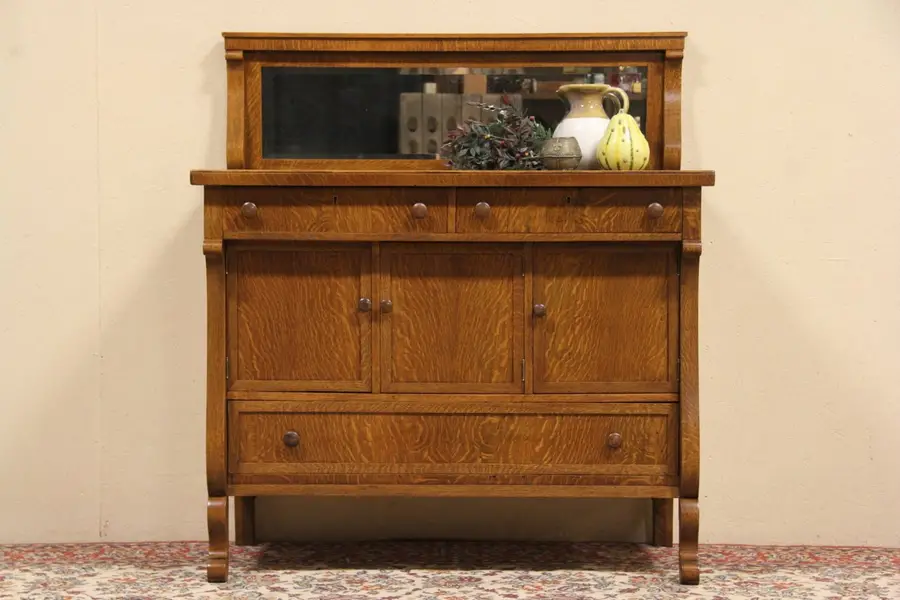 Photo of Oak 1910 Antique Sideboard or Server, Beveled Mirror