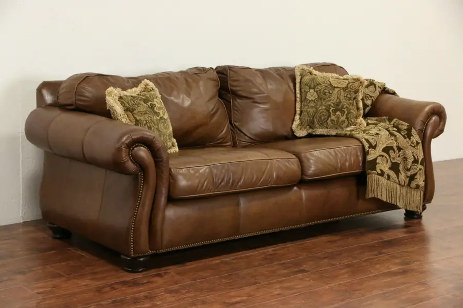 Photo of Bernhardt Signed Natural Leather Vintage Sofa, Brass Nailheads