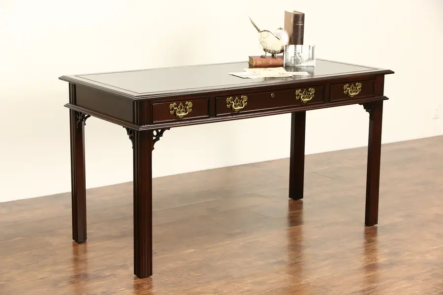 Photo of Georgian Style Writing Desk or Console Table, Leather Top, Signed Sligh