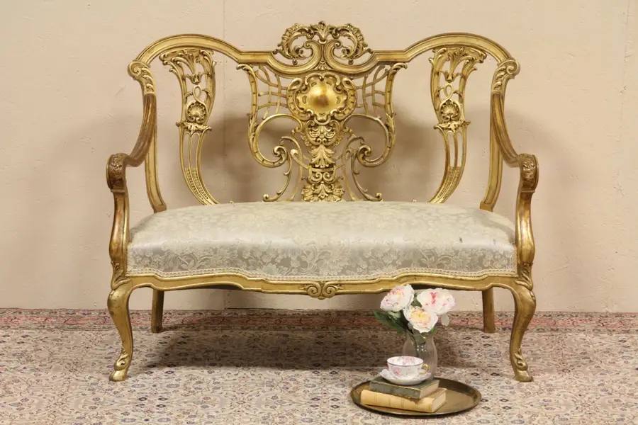 Photo of Swedish Carved Gold Antique 1895 Settee or Loveseat