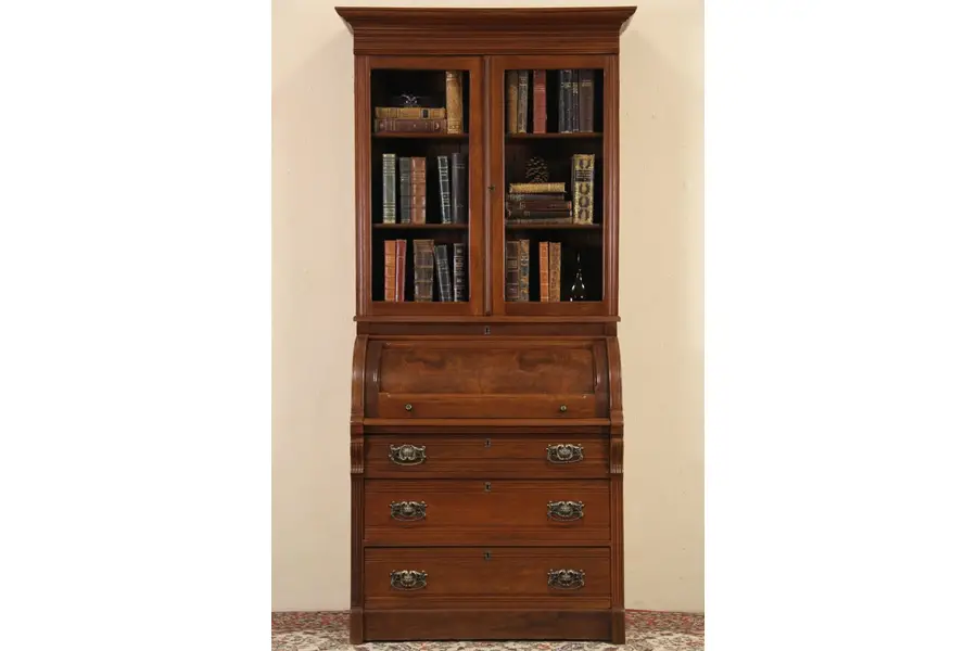 Photo of Victorian Eastlake 1890 Antique Cylinder Roll Top Desk & Bookcase