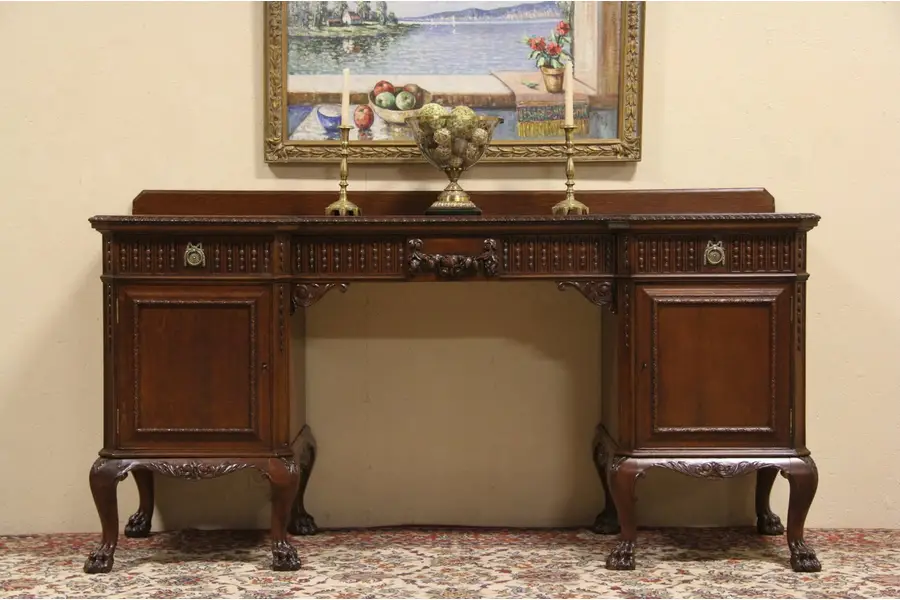 Photo of Carved Oak 1900 Antique Sideboard or Server, Paw Feet