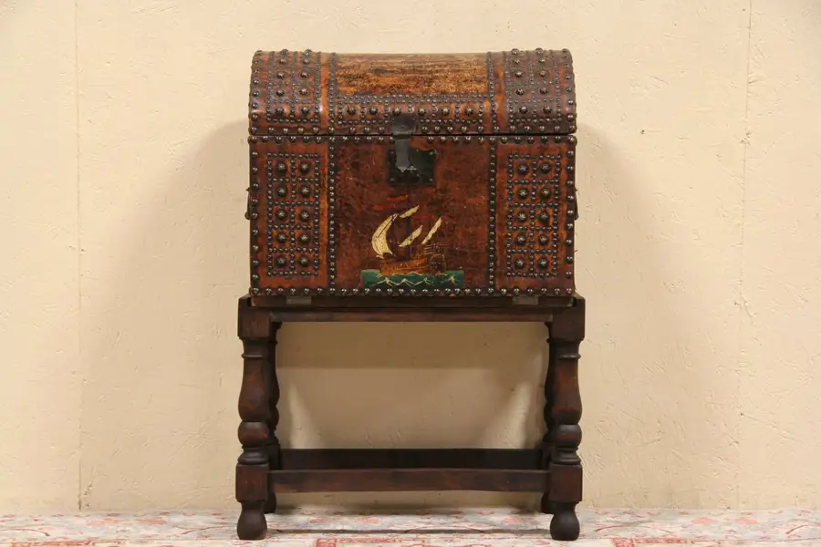 Photo of Spanish Leather 1920's Treasure Box or Bar Cabinet on Stand