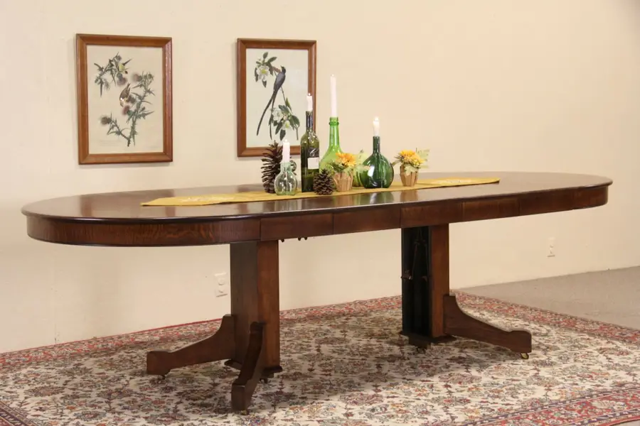 Photo of Arts & Crafts Round Mission Oak 1905 Antique Dining Table, 5 Leaves
