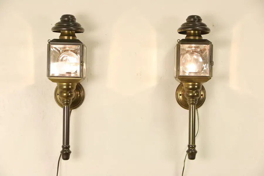 Photo of Pair of Brass 1890's Antique Coach Lamps, Electrified as Sconces