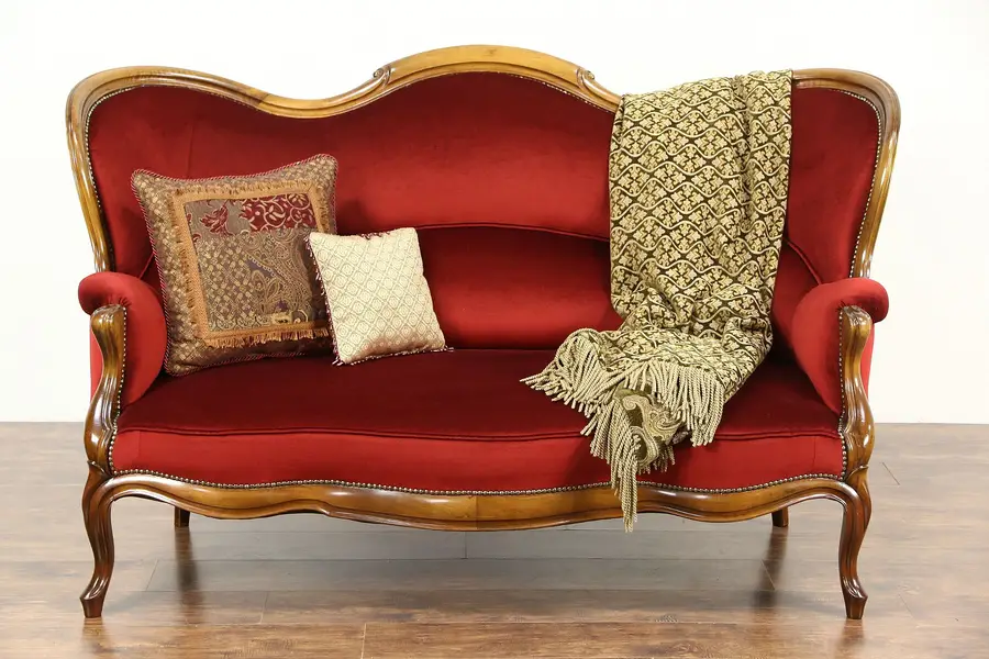 Photo of Victorian 1890's Antique Loveseat, New Red Velvet Upholstery, Germany
