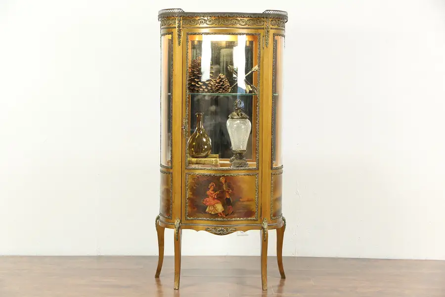 Photo of French Vernis Martin Antique Curved Glass Vitrine or Curio Display Cabinet