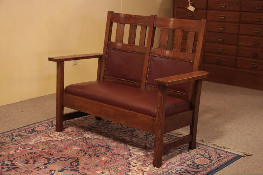 Photo of Leather Arts & Crafts Mission Oak Settee