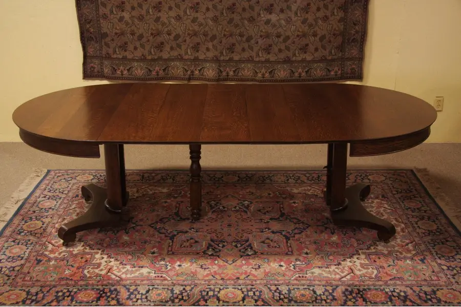 Photo of Round Oak Antique Dining Table, Extends Nearly 8'