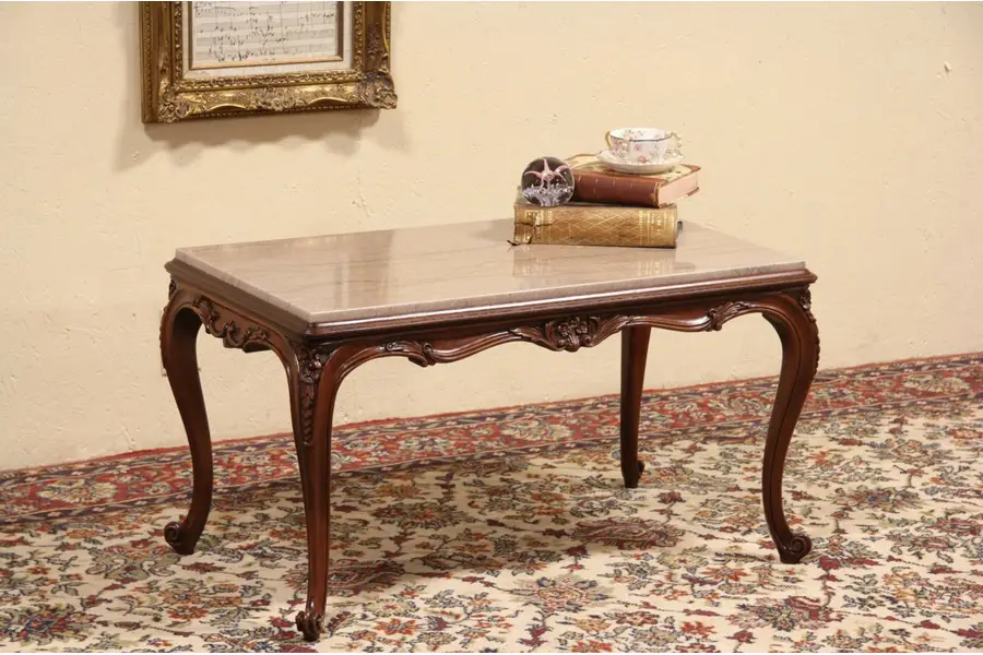 Photo of Marble Top Carved 1930's Cocktail or Coffee Table