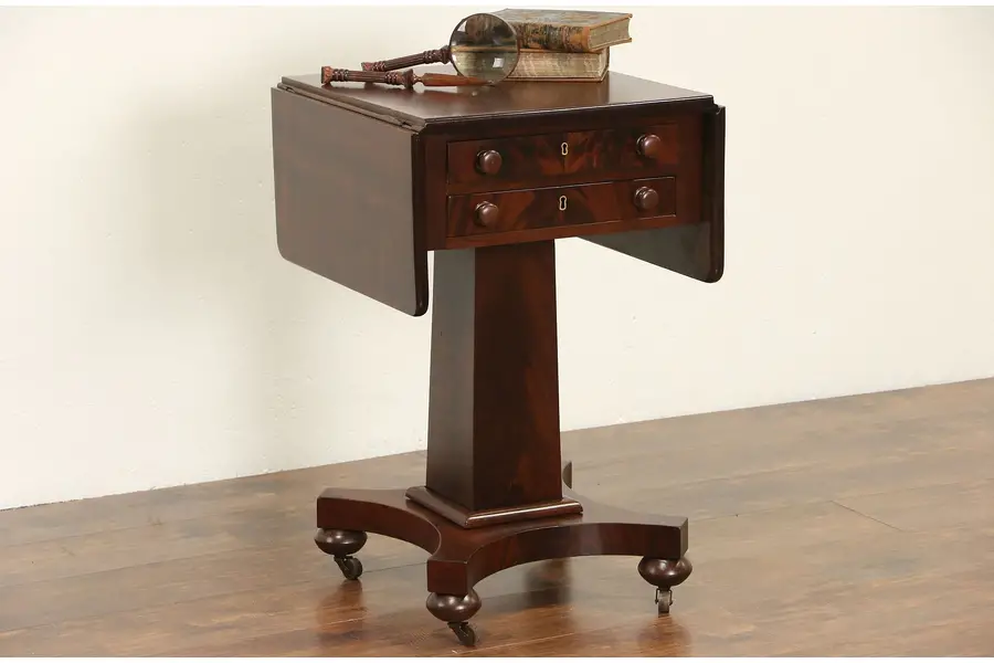 Photo of Empire 1835 Antique Mahogany Drop Leaf Sewing Stand or Lamp Table, Nightstand