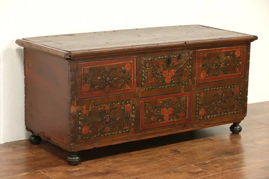 Photo of Scandinavian Hand Painted Folk Art Pine 1800 Antique Dowry Trunk Blanket Chest