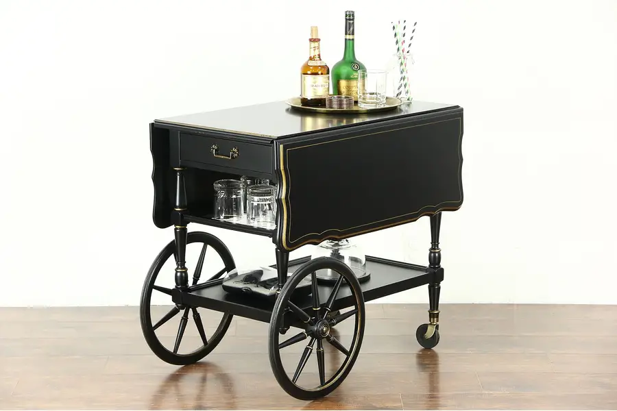 Photo of Hekman Signed Vintage Tea Cart or Beverage Trolley, Black Lacquer
