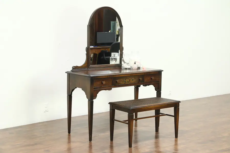 Photo of Vanity or Dressing Table Desk & Bench, 1930 Vintage Hand Painted Walnut, Sligh