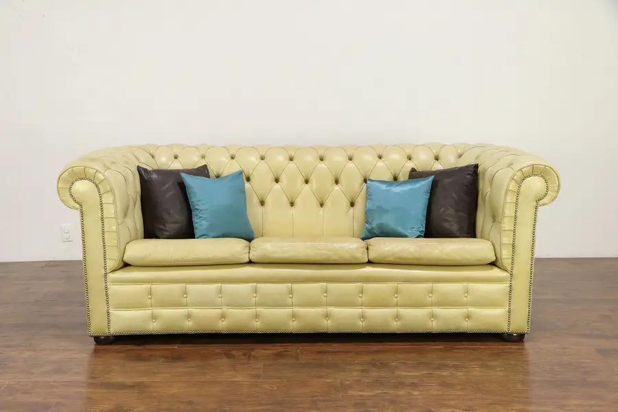 Photo of Chesterfield Vintage Tufted Leather 3 Cushion Scandinavian Sofa