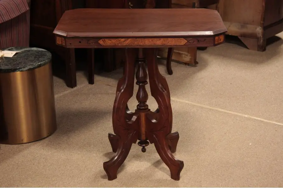 Photo of Victorian Eastlake Antique Walnut & Birdseye Table