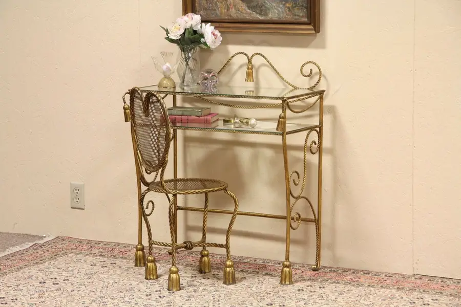 Photo of Wrought Iron & Glass Dressing Table or Vanity and Chair