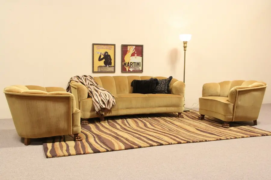Photo of Art Deco 1930's Curved Sofa and Pair of Chairs, Paw Feet
